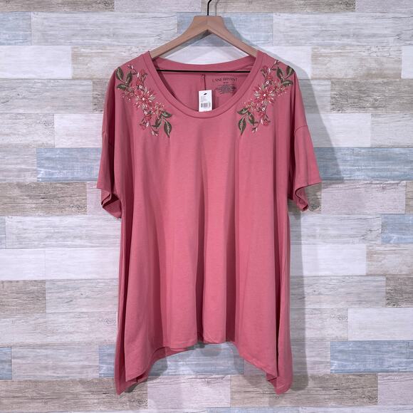 LANE BRYANT Floral Embroidered Sharkbite Hem Top Pink Womens Plus Size 18 20 - Picture 2 of 7